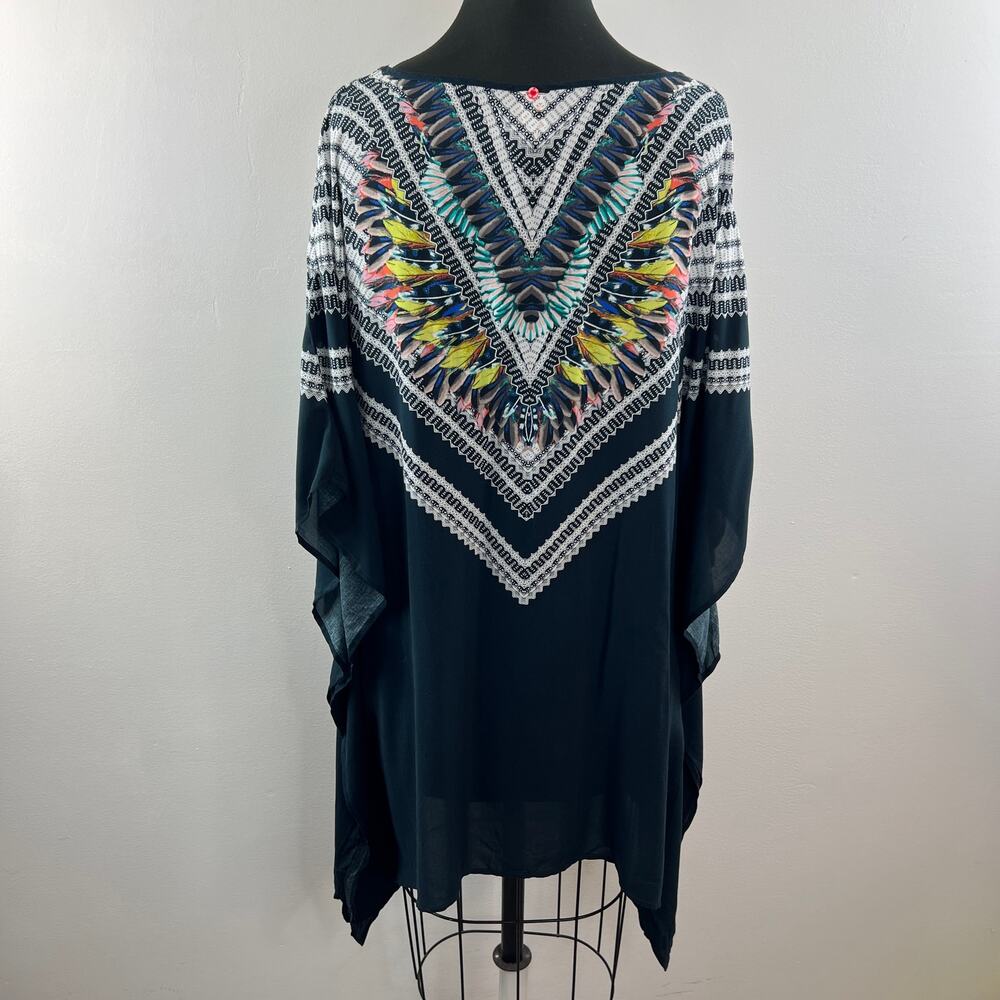 RED CARTER Black M/L Swim Cover Up Tunic Top Boho Peacock Scoop Neck 3/4 Sleeves - Picture 6 of 10